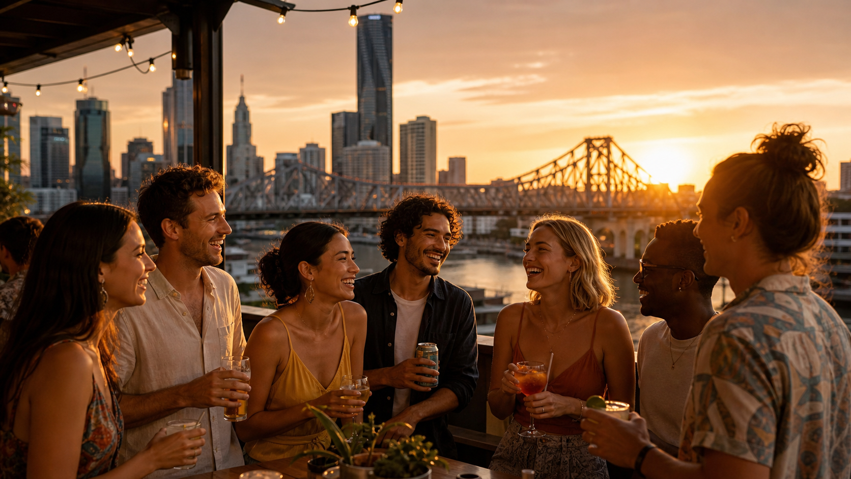 People socialising on a Brisbane rooftop overlooking the city