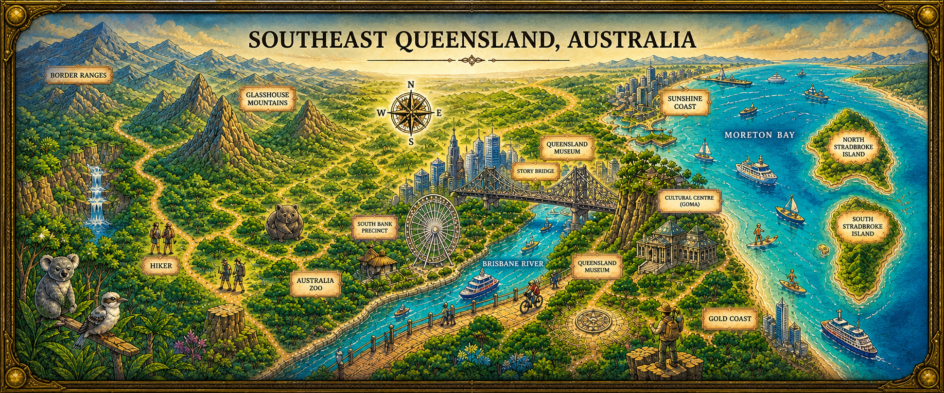 Fantasy RPG-style illustrated map of Brisbane with venue landmarks